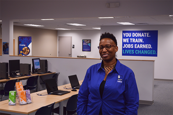 Andrea poses in the Des Moines Career Connection Center.